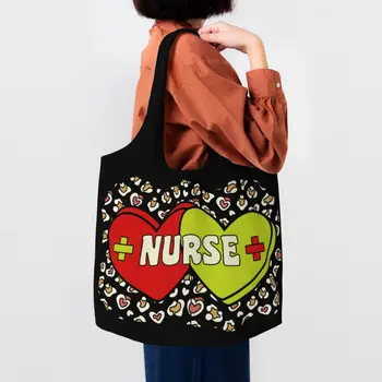 Множество пазарска чанта Love медицинска сестра, Жена холщовая чанта-тоут на рамото, Преносими чанти за пазаруване в хранителни магазини, за медицински сестри, чанти