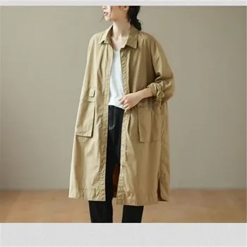 Корейски памук тренч, дамски ежедневни ризата е със средна дължина голям размер, финото палто, однотонная реколта яке