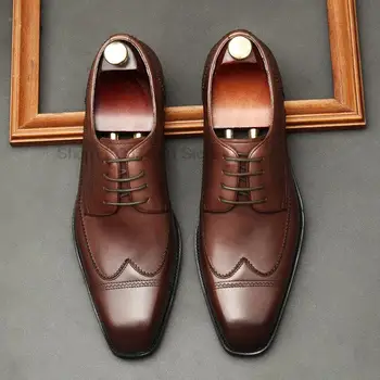 Мъжки Сватбена Офис бизнес обувки Oxford от естествена кожа, дантела, Класически мъжки вечерни обувки ръчна изработка в черен цвят с перфорации от типа 