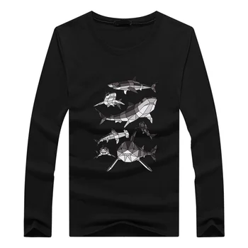 Мъжки Пролет-Есен Тениска с Геометричен Модел на Акула, Кръгло деколте и Дълъг ръкав Оверсайз, Памучен Тениска, Ежедневни Блузи, Мъжки Дрехи