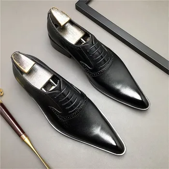 Нова Черно-кафяв мъжки модельная ръчно изработени обувки от естествена кожа, мъжки Oxfords, Италиански Класически мъжки обувки-броги дантела с остри пръсти, Oxfords