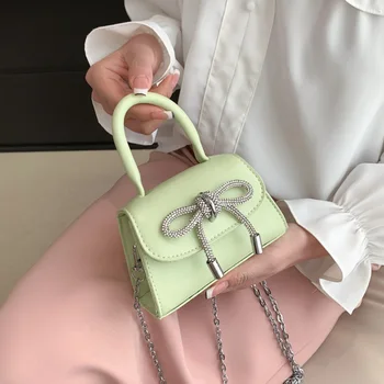 Дизайн с лък, однотонная Мини чанта през рамо, чанти през рамо от изкуствена кожа с капак за жени 2023, Модни дамски портфейли и дамски чанти на веригата