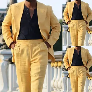 Жълт лен мъжки костюм terno masculino, Всекидневни Годишен Бизнес костюм за банкет, костюм homme, Яке, Панталони