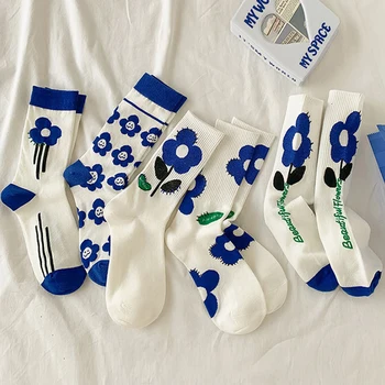 Летни бяло-сини японски Кавайные сладки високи дълги чорапи За жени и момичета, Корейската мода, Harajuku, ретро, Реколта компресия чорапи