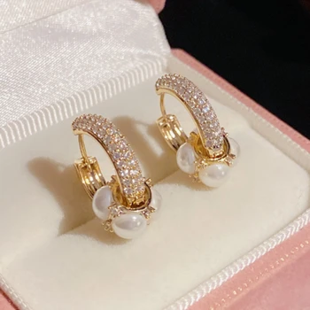 Дамски златни обици-халки със златно покритие, имитация на перли CZ, аксесоари за две приложения, очарователни бижута с високо качество, сладък подарък за фестивала