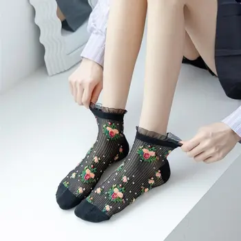 Копринени чорапи с цветен модел, абсорбиращи потта, тънки прозрачни чорапи до глезена, дишащи дантелени чорапи с рюшами