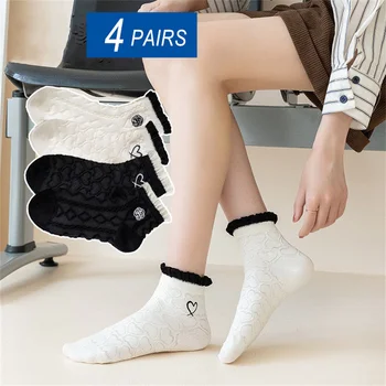 4 Чифта Чорапи с дантелен завършек, Лято-Пролет, 100% Памучни чорапи с чесаным модел, Дамски чорапи с нежна Роза/сърце за момичета, къси чорапи-тръбички с малките си уста