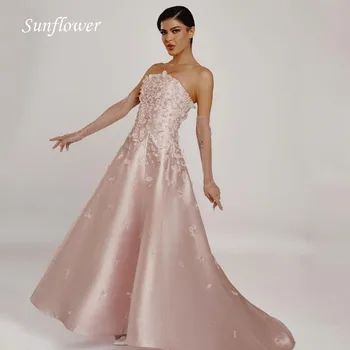 Вечерна рокля без презрамки, цвят слънчоглед розов цвят 2023, дебнещ рокля трапецовидна форма с дантелен аппликацией на гърба и дължина до щиколоток, висококачествени рокли за бала на поръчка