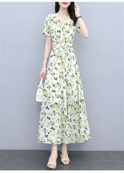 Висококачествено шифоновое рокля с цветен модел за жени на лятото, Дълги години облекло 2023, Ново Дълга рокля голям размер, дебнещ корема, закрывающее корем