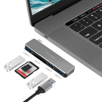 USB C Концентратор с 3 Устройства, четец на карти USB 3.0 SD/TF Type C Адаптер за MacBook Pro 13/15, 2018 2019 Mac Air, Surface Book 2, Chromebook