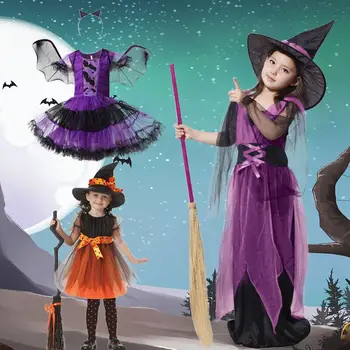 Детски костюм на вещица за Хелоуин за малки момичета, Детски рокли Принцеса вампири, бебешки дрехи за cosplay, с шапка, Карнавальное празнична рокля в подарък