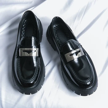 Луксозни мъжки обувки от лачена кожа с дебела подметка, черни лоферы без закопчалка, мъжки модел обувки с ниски берцем, мъжки обувки бизнес