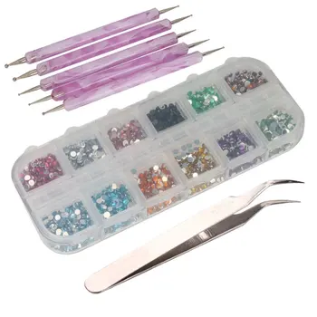 3000 бр, 2 мм, 12 Цвята, Блестящи кристали за Дизайн на ноктите, накрайници + 5x2-лентов мраморна дръжка за маркиране + пинсети