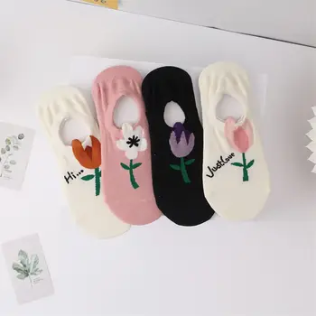 Японски чорапи с Хубав Малък Цвете-Тюльпаном, Дамски Модни Летни Чорапи Harajuku, Градинска облекло в стил ретро с цветя, Разтеглив Невидими чорапи