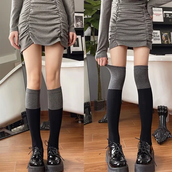 Корейски лоскутные Чорапи за Дами и Момичета, Меки Тънки Памучни Чорапи над коляното, дамски Трикотаж носочные изделия черен цвят