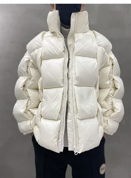 Зимни якета, мъжки якета Квадратен плетене, Обикновена модни Свободни паркове, градинска облекло в стил Харадзюку, якета с мехурчета, двойка