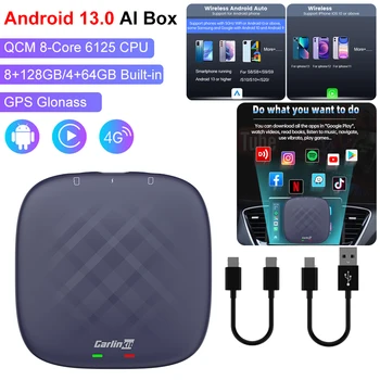 Android 13 Carlinkit CarPlay Ai TV Box Android 13 Plus QCM6125 8-Ядрен Разделяне на екрана 64G 128G WiFi 2.4ghz + 5G Безжичен Адаптер Кутии
