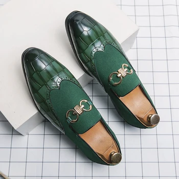 Есенни зелени лоферы, Мъжки лоферы от Набук, без закопчалка, Луксозен марка, Модерен дизайнерски кожени обувки с остър пръсти на дебела подметка, Ежедневни