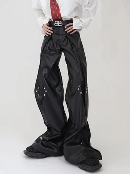 27-46 2023 Нова Мъжки Дамски Дрехи, Модни Оригинални Ниша Двуслойни Кожени Панталони с метални Копчета, Големи Размери Костюми