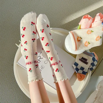 Дамски чорапи Lolita Cherry, Мрежести чорапи с цветя, дишащи Дамски Дълги чорапи, Градинска дрехи за момичета, Calcetine mujer