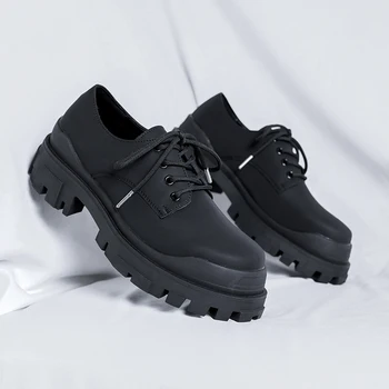 Нова марка мъжки кожени обувки дантела, модерен бизнес работна обувки на масивна платформа в стил ретро, обувки в стил дерби, Мъжки ежедневни сватбени обувки на плоска подметка