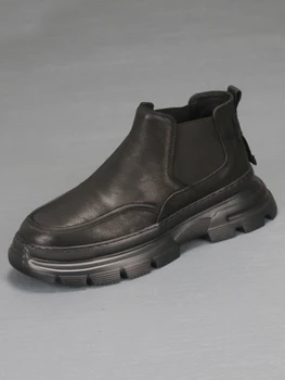 Нови грязеотталкивающие обувки от телешка кожа черно, модерни, Универсални Леки, Удобни Къси ботуши от дебела подметка с повдигната горна част