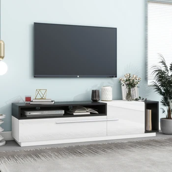 Два цвята поставка за телевизор със сребърни дръжки, Лъскава мултимедийна конзола с UV-покритие за телевизори до 70 инча, Просторно място за съхранение на вещите във всекидневната
