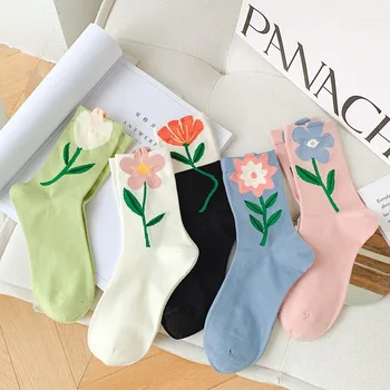 1 Чифт женски чорапи В Японски Корейски стил с Анимационни Цвете цвят карамел Harajuku Kawaii, чорапи със средна дължина Дишащи Ежедневни къси чорапи