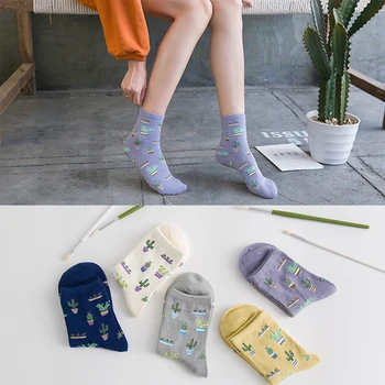 1 Чифт Памучни женски Чорапи Нов Стил С Шарките на Кактус, Японски Кавайные Памучни Чорапи за Екипажа, Дамски Чорапи със средна Дължина За жени