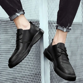 Ежедневни Кожени обувки в света на стил и Мъжка Класическа Черна Ежедневни Офис Обувки на плоска подметка с шнур, Мека подметка, Удобни Обувки За Татко, Chaussure Homme