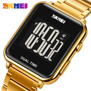 Мъжки часовник SKMEI с квадратен циферблат, златни цифров часовник от неръждаема стомана, Водоустойчив мъжки военни спортни часовници, електронни часовници