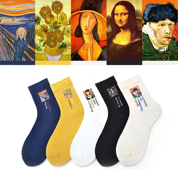 1 Чифт Есенно-Зимни Ретро-женски Чорапи за екипажа, Стенни картини на Ван Гог, на Световно известната серия Маслени Картини, Дамски Дълги Чорапи-тръба
