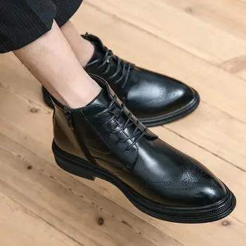 Нови мъжки обувки Mart, Кожени мъжки ботильоны, Ежедневни обувки на дантела-Голям размер, Мъжки обувки ръчна изработка, черен/кафяв стил с перфорации тип 
