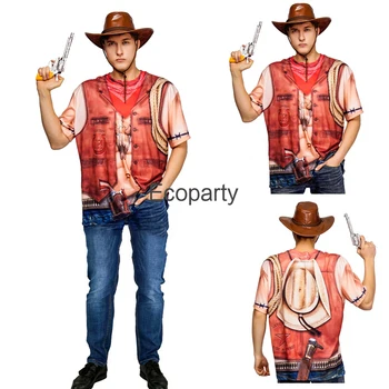 Нов Мъжки Костюм за Cosplay в Западен стил Каубой, Забавна тениска с 3D Принтом, Летни Блузи с кръгло деколте и къс ръкав, Маскарадное Вечерна Рокля
