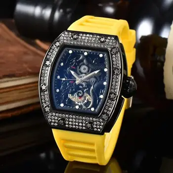 висококачествени кварцови часовници с 3-контактни диаманти, кухи, мъжки часовници, луксозни пълнофункционален кварцови часовници, силиконов каишка за часовник, подарък