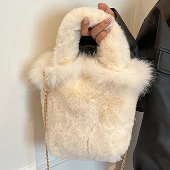Зимна чанта-скитник от изкуствена кожа, Ежедневни космати чанта-тоут за жени, дамски чанти, пухлая чанта през рамо, Мек портфейл, плюшен чанта с дръжка отгоре