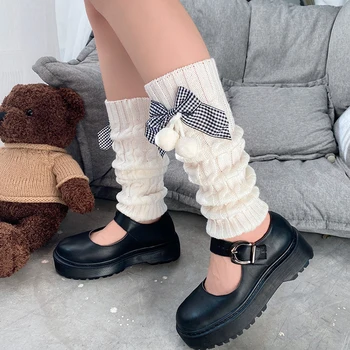 Дамски гети на кабелната плетени с лък, зимни топли чорапогащи до коляното, копчета за обувки, чорапи и интериор в японски стил