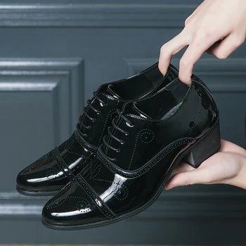 Нова черна официална мъжки обувки от лачена кожа, дантела с ръчно изработени, бизнес мъжки модел обувки ръчна изработка на дебелите ток