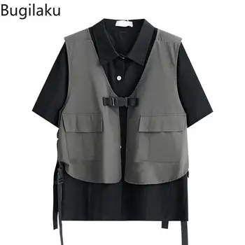 Летен комплект унисекс Bugilaku 2023, корейската версия, риза свободно намаляване с къс ръкав + жилетка в работния стил, комплект от две части, тенденция