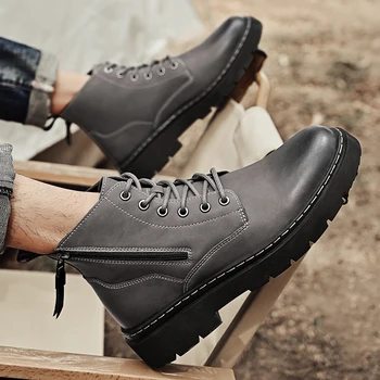 Мъжки обувки със страничен цип, новост 2023 г., мъжки обувки, модерни обувки на платформа с шнур и кръг пръсти, без хлъзгане водоустойчиви мотоциклетни ботуши