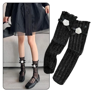 Дамски Дантелени Чорапи до прасците с цветен Модел, с къдри, Чорапи със средна Дължина, в Японски Стил, Дантелени Чорапи с лък