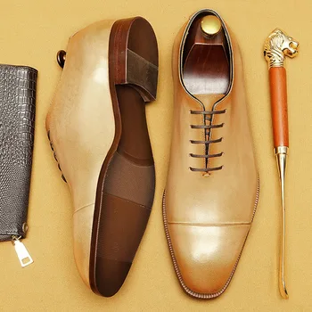 Маркови дизайнерски мъжки модел обувки-Oxfords от естествена кожа Ръчно изработени от дантела, Луксозна Бизнес Офис официалните обувки за мъже