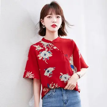2023 китайската шифоновая риза с яка-часова, източен червен топ чонсам, дамски червена ежедневна блуза ципао за всеки ден, реколта блуза-танга