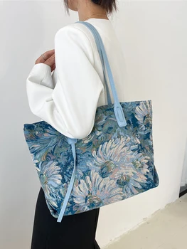 Модерна чанта-тоут 2023, Нови чанти с бродерия на раменете, Луксозни Дизайнерски маркови холщовые чанти за жени, чантата е с голям капацитет