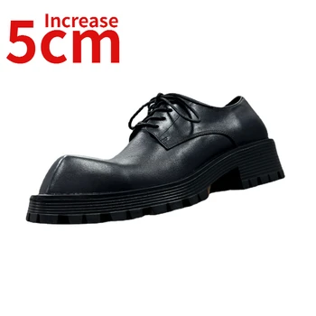 Европейска/Американска Мъжки Обувки С Квадратни Пръсти и Вдлъбнати Дизайн, Обувки-Дерби на дебела подметка, Които Нарастване на 5 см, Ежедневни Кожени Обувки за Пътуване до Работа
