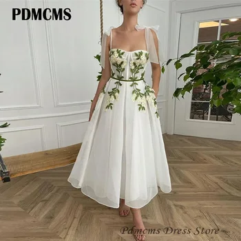 PDMCMS Бели цветя, апликации, рокли за абитуриентски бал, бретельки с лък, Вечерна рокля трапецовидна форма с дължина до чайна, Индивидуален размер сватбени рокли за жени