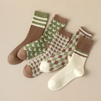 1 бр. есенно-зимни чорапи, дамски странните чорапи със средна дължина, в ретро стил, зелена вратовръзка, ромбовидная решетка, чорапи с двойно дрямка, дамски чорапи