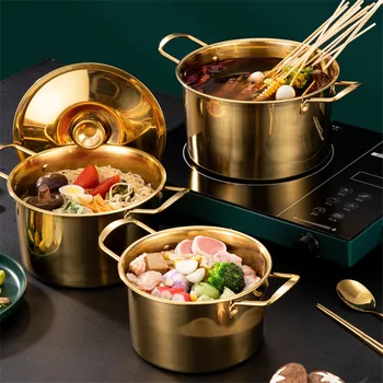 Златни Кухненски тиган за задушаване от неръждаема стомана, Тенджера с капак, Издръжлив комплект съдове за готвене с незалепващо покритие за индукция печки