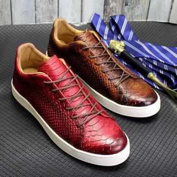 Луксозна марка мъжки обувки, ежедневни обувки от естествена кожа, Висококачествени дишащи мъжки маратонки с змеевидным дизайн, мъжки обувки на плоска подметка