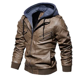 Кожени якета За Мъже, Ежедневни есенно-зимни палта от телешка кожа с качулка, мъжки топли реколта мотоциклетни палто в стил пънк